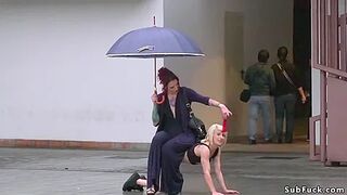 Public Humiliation - Naughty petite slave suffers total public disgrace from lezdom in pouring rain